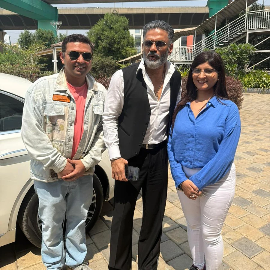 The Colatch founders with Bollywood actor Suniel Shetty, a Colatch roster artist